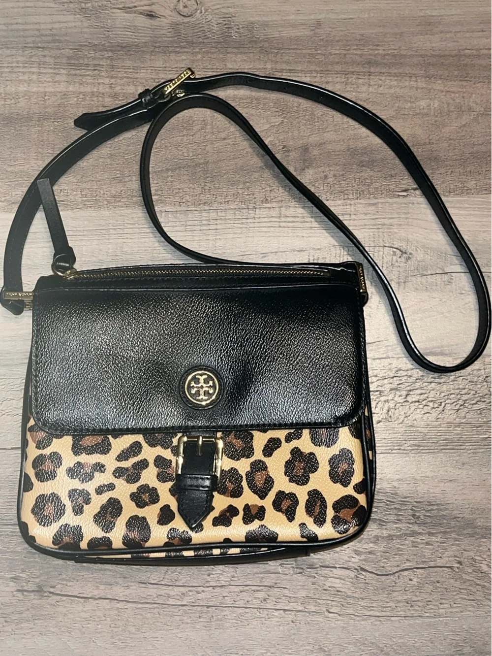 Tory Burch Black Leather & Leopard Print Crossbody